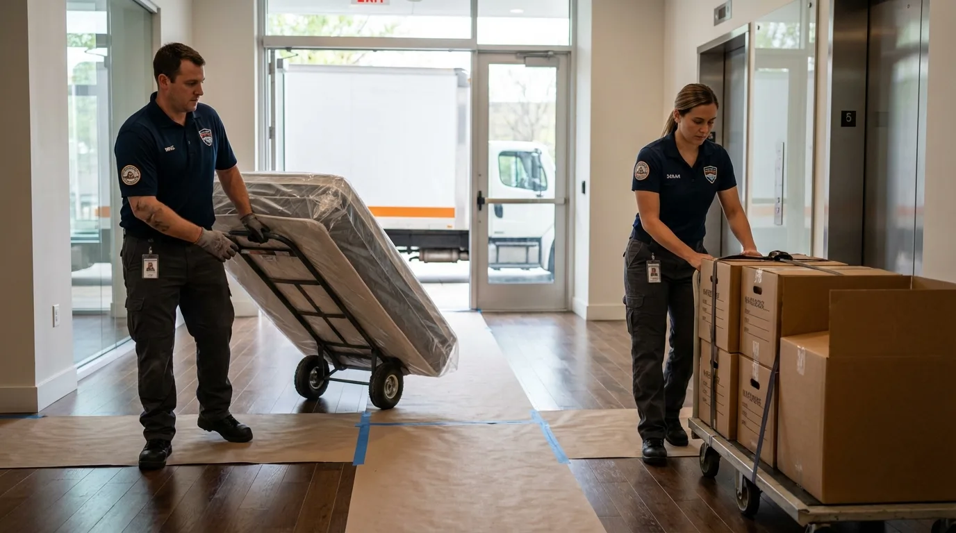 Professional apartment movers loading elevator in Tallapoosa, GA